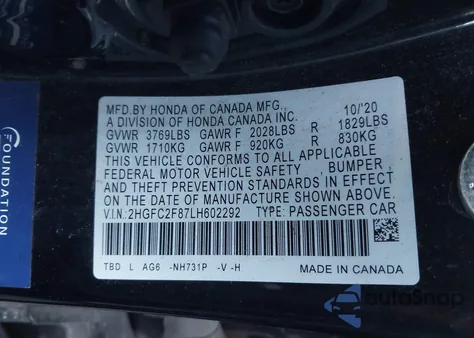 2020 Honda Civic Sport from USA, damaged, VIN 2HGFC2F87LH602292